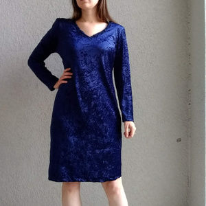 Vintage Navy Blue Crushed Velvet Long Sleeve Dress